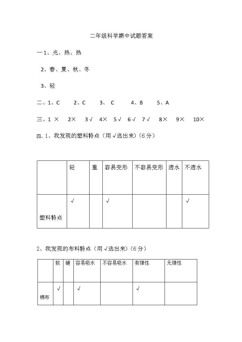 青岛版科学二年级上册练兵试题(含答案)第1页