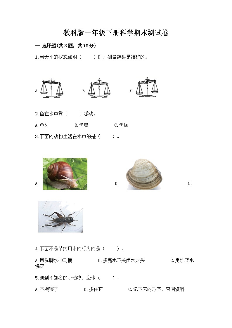 教科版一年级下册科学期末测试卷含答案(模拟题)附答案(达标题)第1页