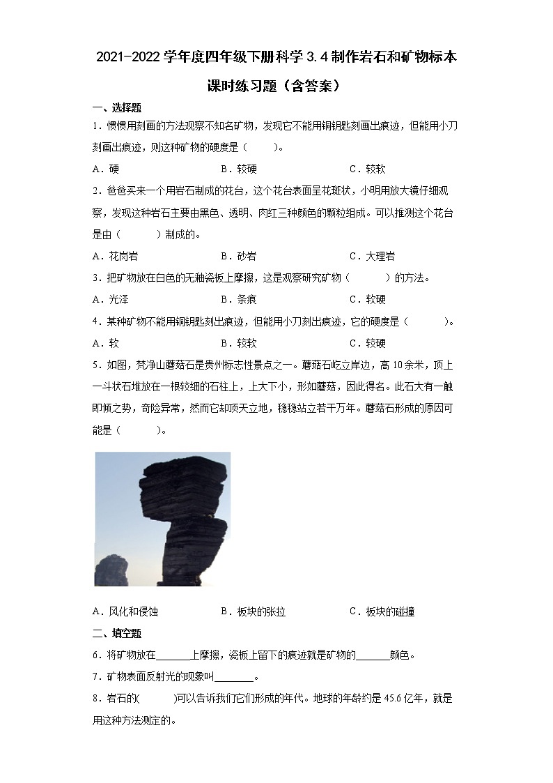 2021-2022学年度四年级下册科学3.4制作岩石和矿物标本课时练习题(含答案)第1页