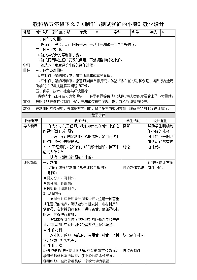2.7《制作与测试我们的小船》课件+教案+习题01