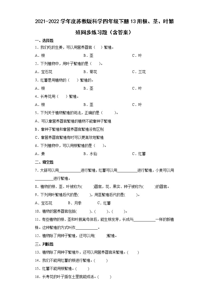 2021-2022学年度苏教版科学四年级下册13用根、茎、叶繁殖同步练习题（含答案）01