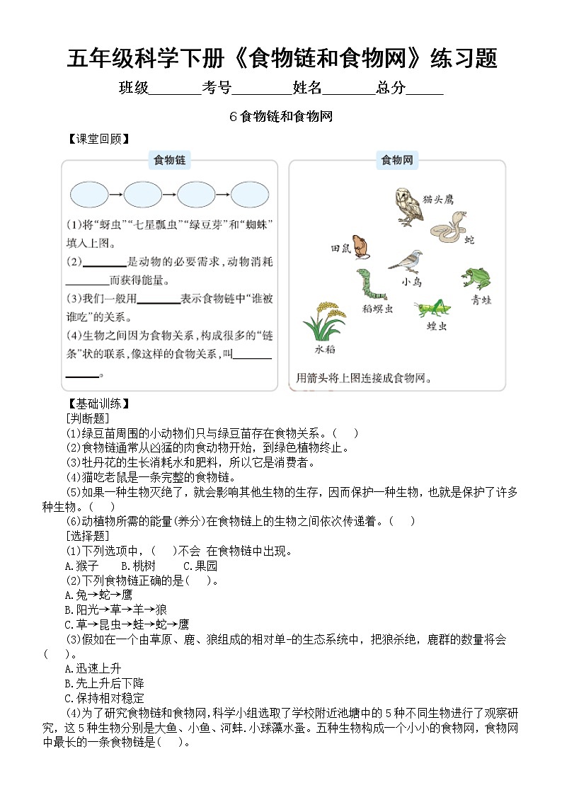 小學(xué)科學(xué)教科版五年級下冊第一單元第6課《食物鏈和食物網(wǎng)》同步練習(xí)（附參考答案）（2022新版）第1頁