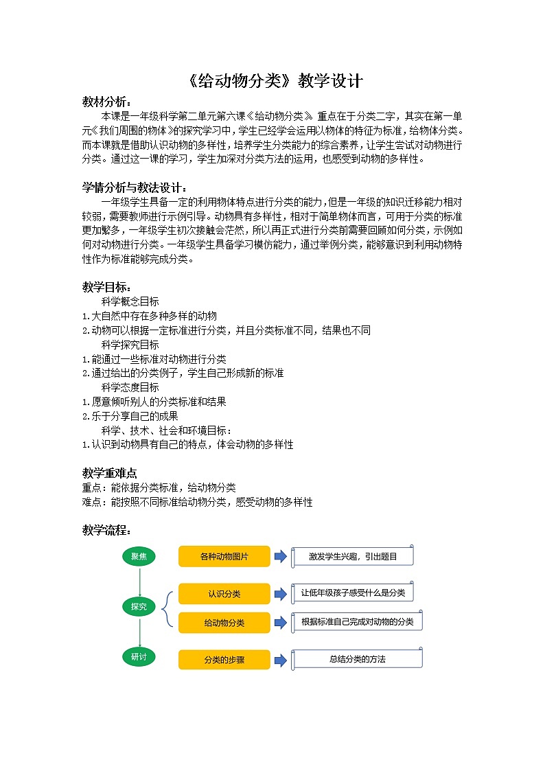 科教版小学科学《给动物分类》教学设计第1页