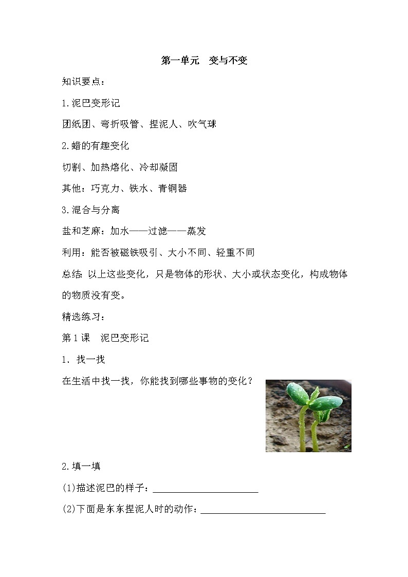 新湘科版科学四下 第一单元 知识点整理与精练(含答案)第1页