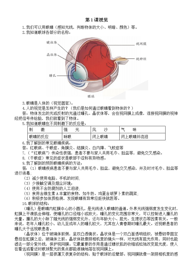 小学科学青岛版五四制五年级下册第一单元第1课《视觉》知识点整理第1页