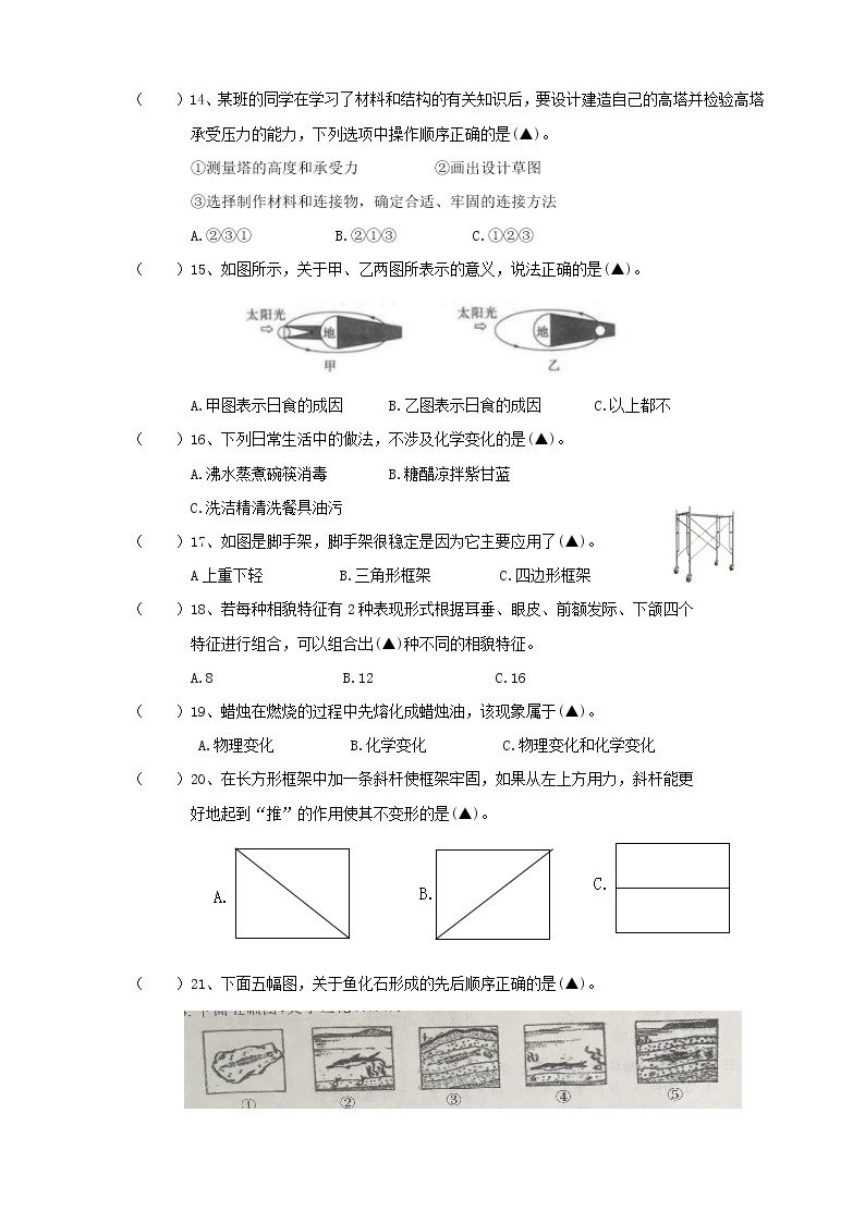 教科版（2017秋）六年级科学下册双减政策下期末摸底练习A(含答案）02