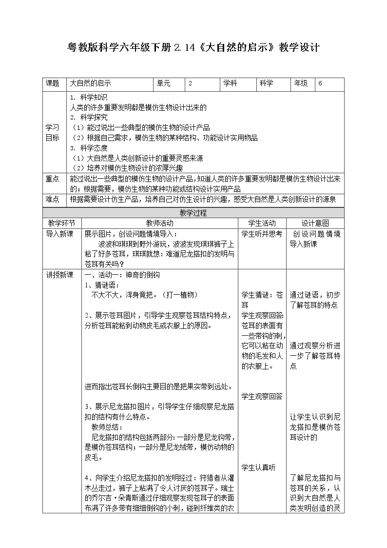 六年级下册科学教案-14 大自然的启示｜粤教版01