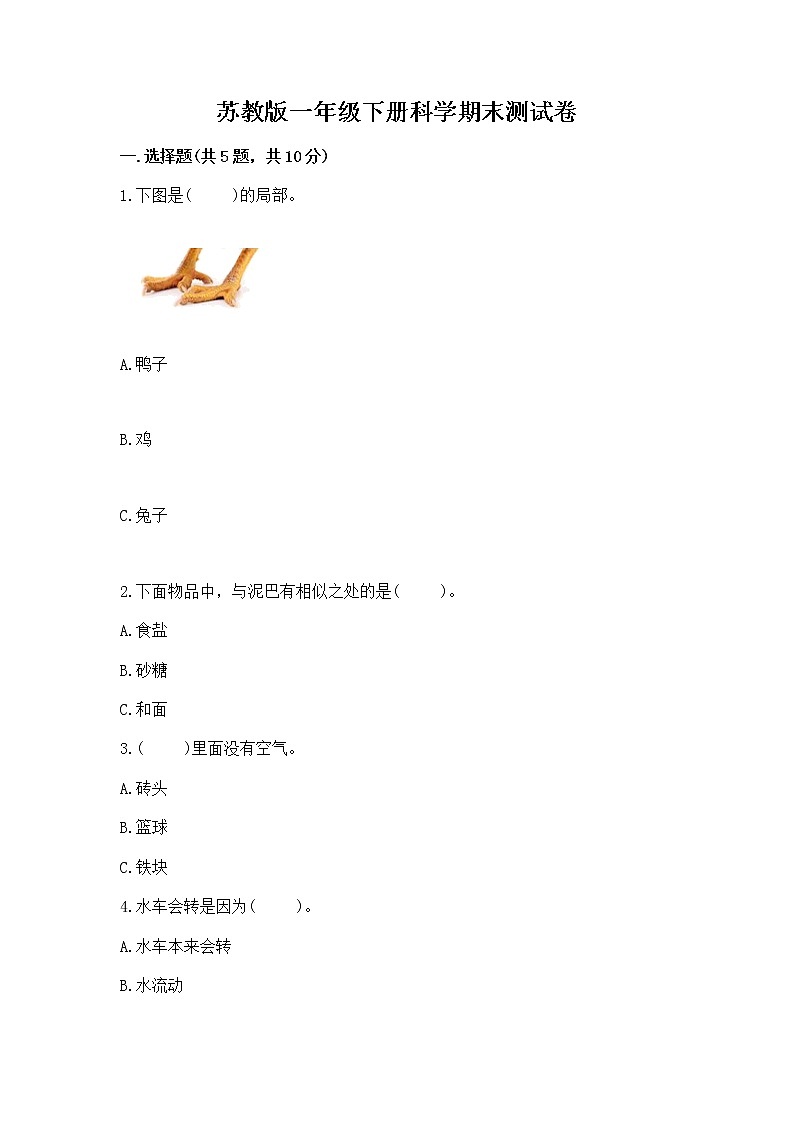 苏教版一年级下册科学期末测试卷(精品)word版第1页