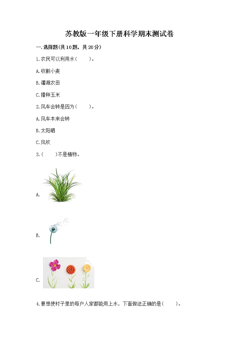 苏教版一年级下册科学期末测试卷及免费答案第1页