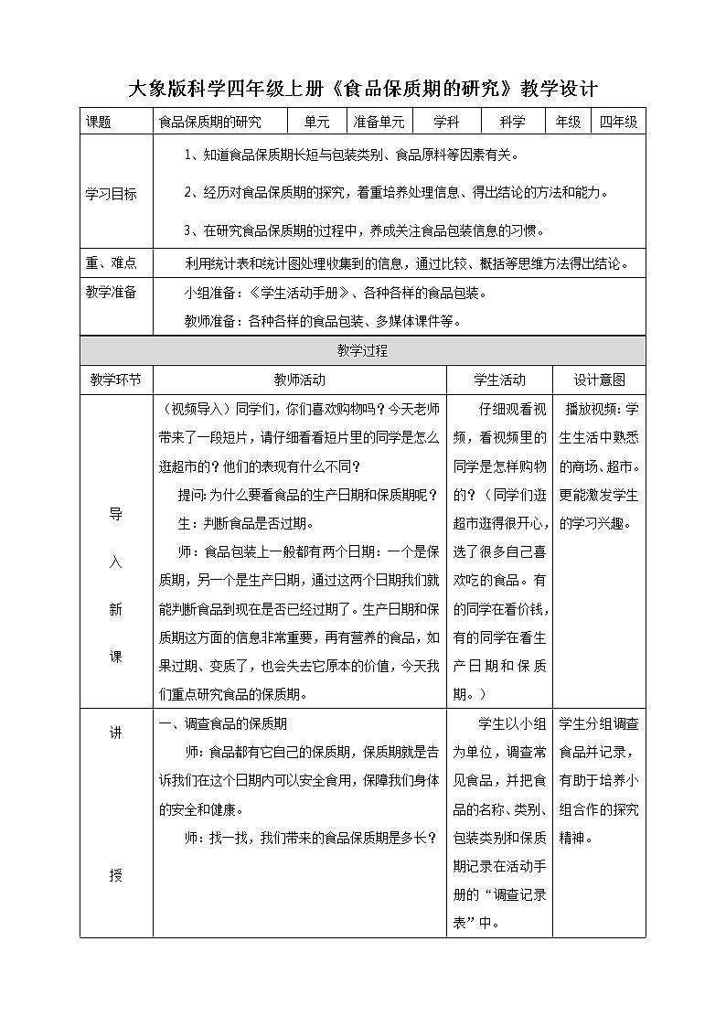 新大象版科學四上：食品保質期的研究 教案+反思第1頁