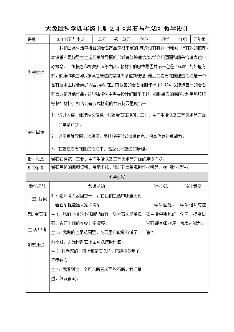 新大象版科学四上2.4岩石与生活教学设计+反思第1页
