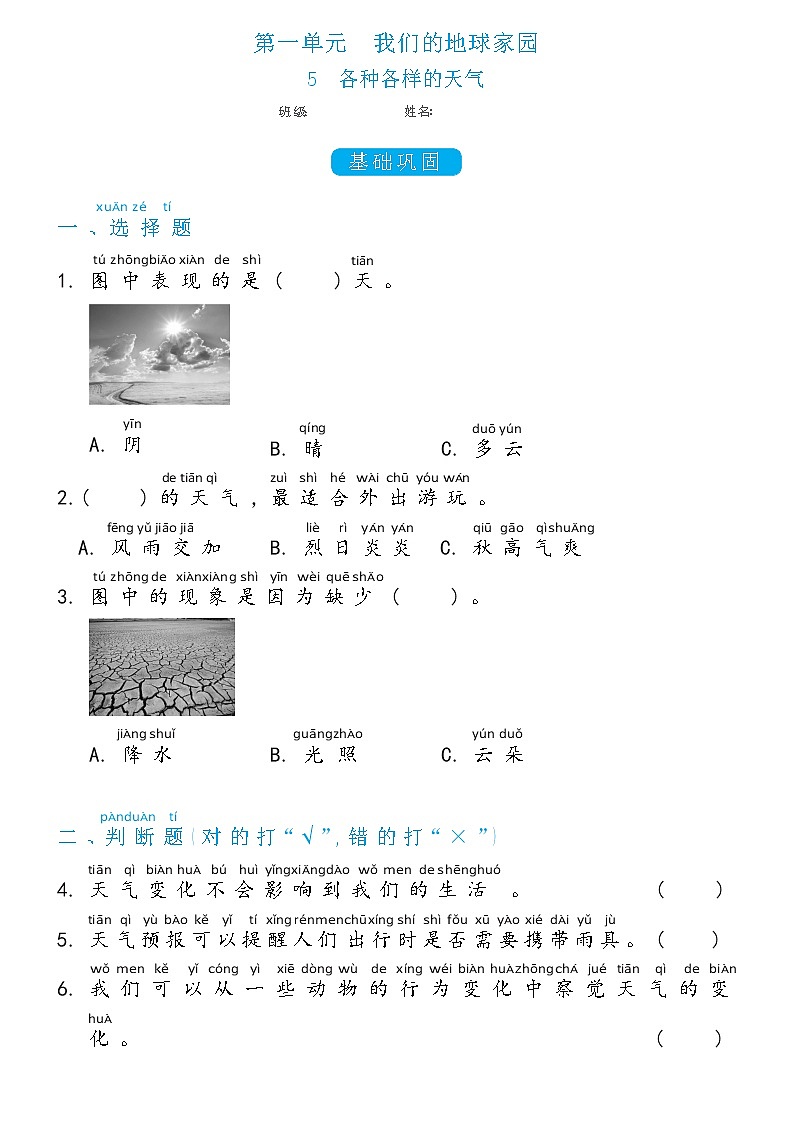 二年级上册科学1.5各种各样的天气双减分层同步练习(含答案)教科版201701