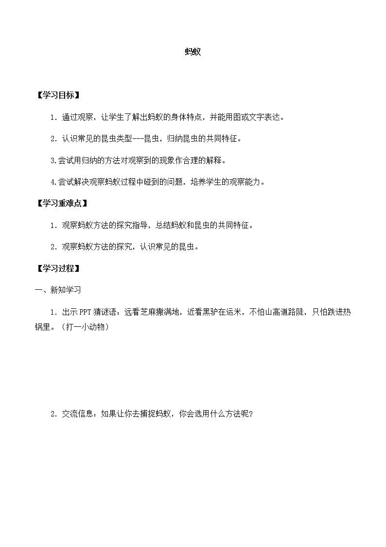 大象版科学一上 第二单元 3蚂蚁 导学案(无答案)01
