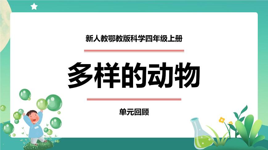 新人教鄂教版科學(xué)四上：第一單元 多樣的動物 單元回顧 PPT課件+內(nèi)嵌視頻第1頁