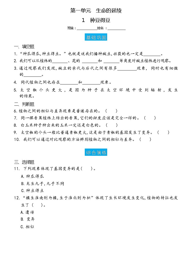 新冀人版科学六上 1.1 种豆得豆 双减分层作业设计(含答案)01