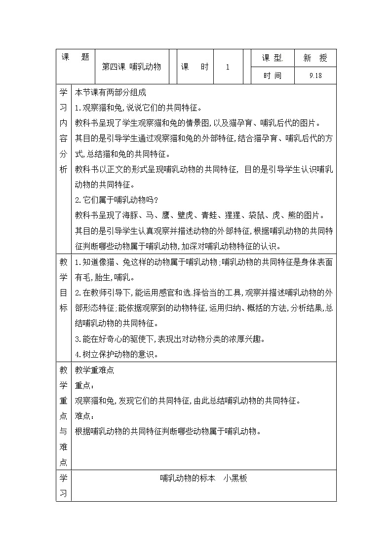 青岛版四上科学 4 哺乳动物 教案(表格式)第1页