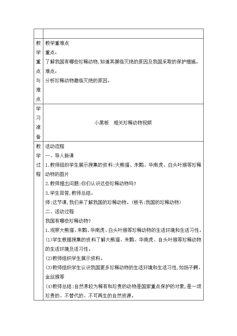 青岛版四上科学 5 我国的珍稀动物 教案(表格式)第2页