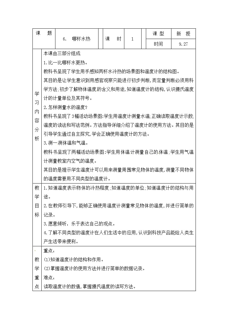 青岛版四上科学 6 哪杯水热 教案(表格式)第1页