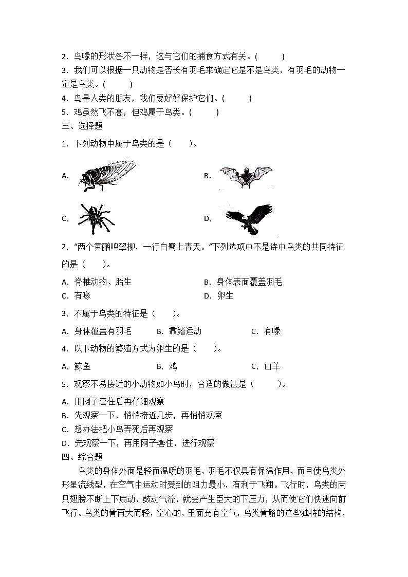 新青島版科學(xué)四年級上冊 1.3鳥 習(xí)題第2頁