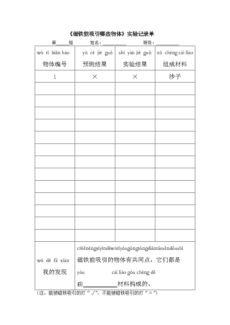 1.1《磁铁能吸引什么》实验记录单及班级记录表第1页