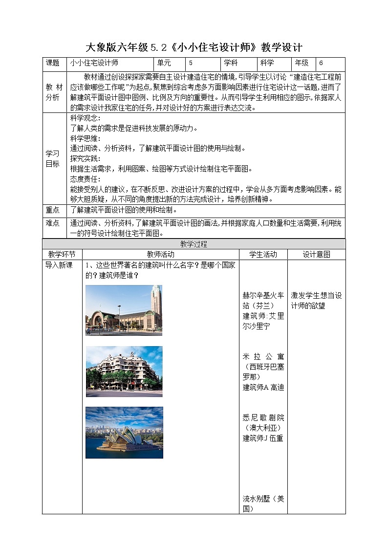 大象版科学(2017)六年级上册5.2《小小住宅设计师》教案第1页