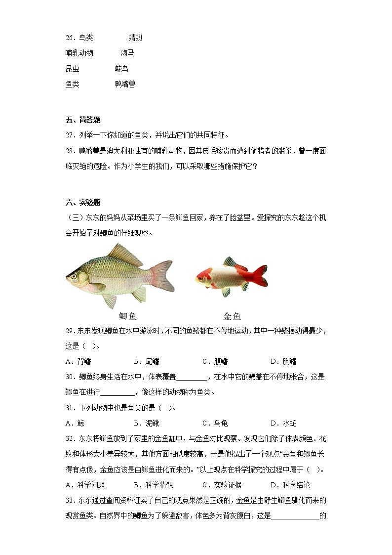 青岛版四年级科学上册第一单元综合测试卷动物王国(一)含答案03