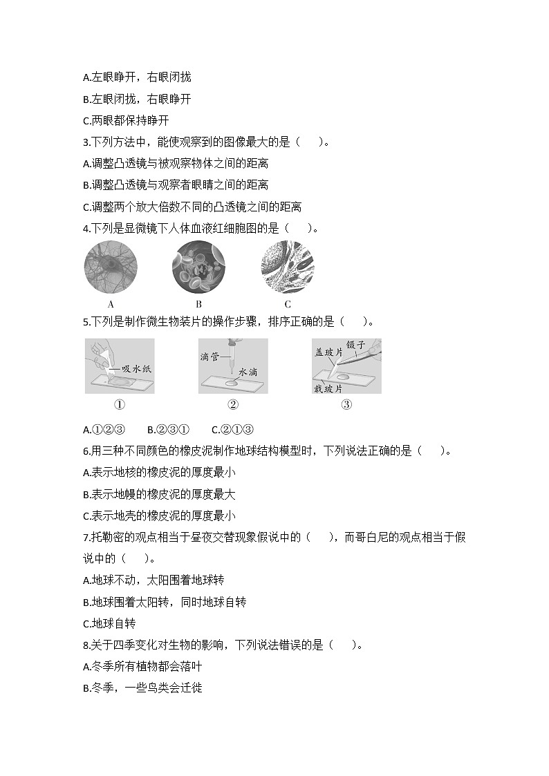 教科版科学六年级上册 期末模拟卷(一)(含答案)02