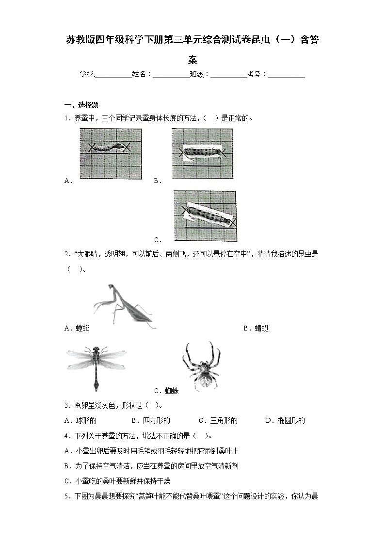 苏教版四年级科学下册第三单元综合测试卷昆虫(一)含答案01