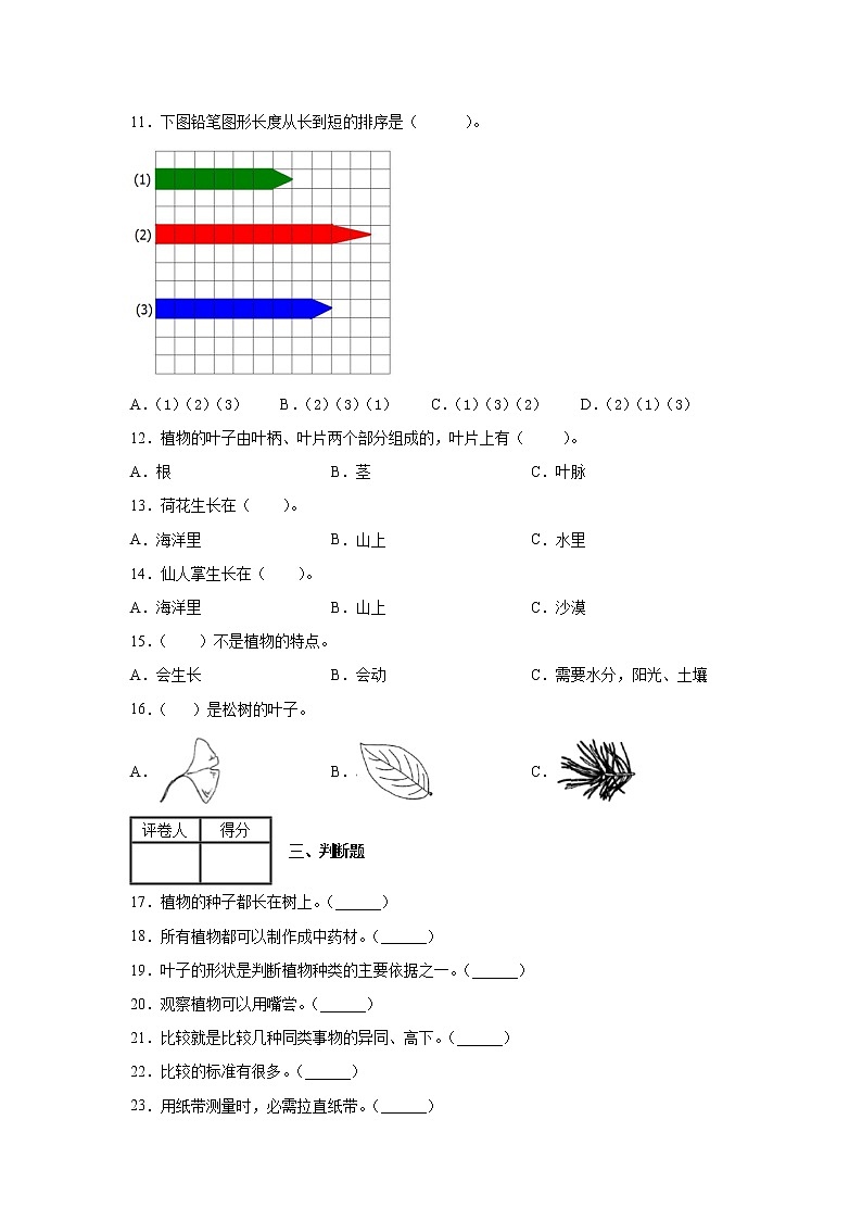 一年级科学上册试题-期末复习检测卷(含解析)教科版(2017)02