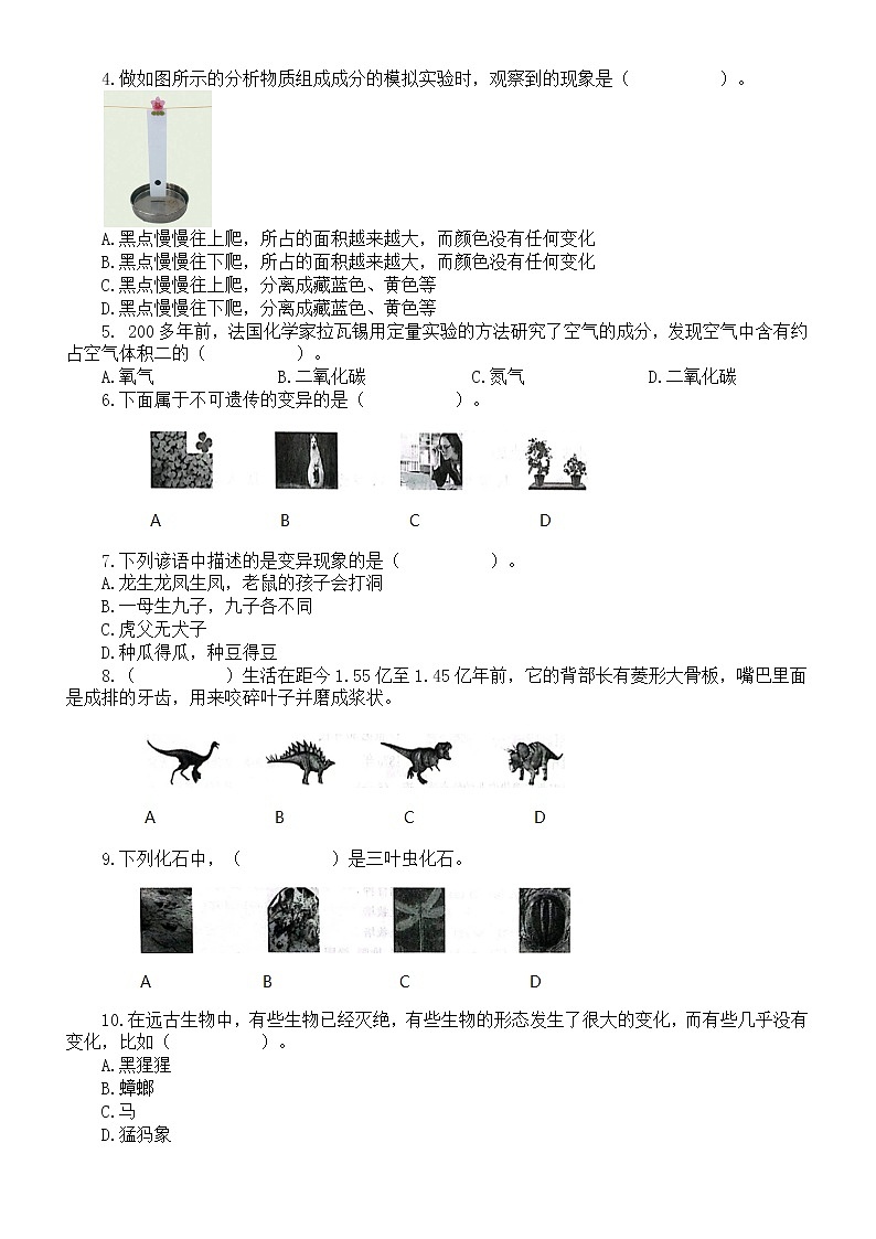 小学科学苏教版六年级上册期末练习题2(2022秋)(附参考答案)02