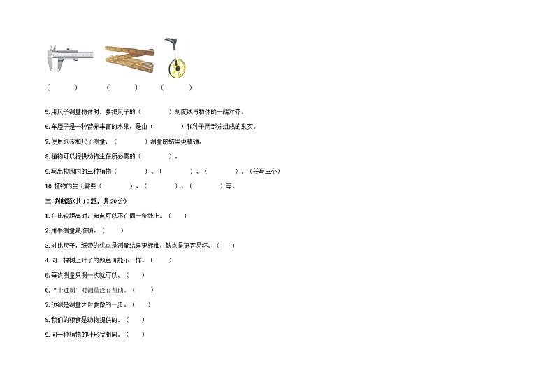 期末测试卷(试题)一年级上册科学教科版(有答案)第3页