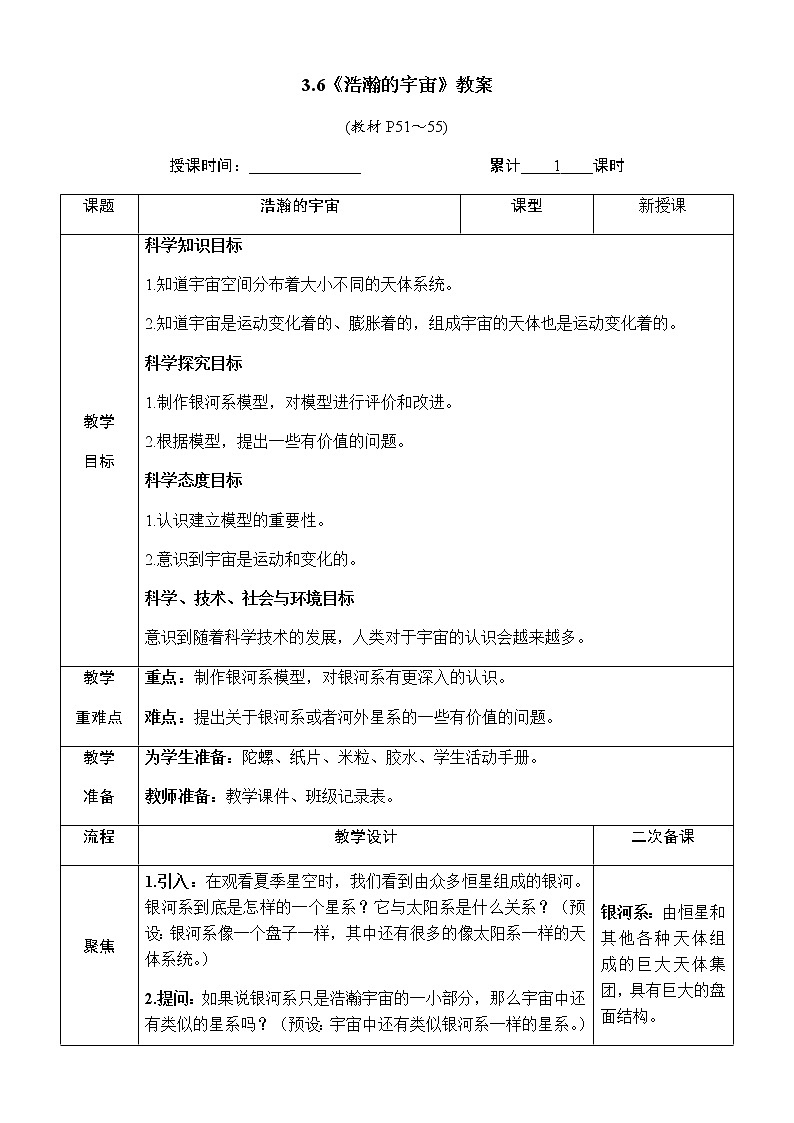 3.6《浩瀚的宇宙》教案 教科版六年級科學(xué)下冊第1頁