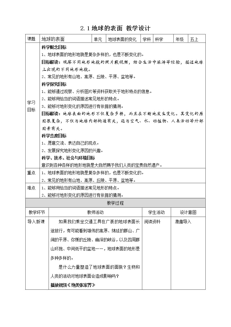 五年级上册科学资料包-2.1地球的表面【课件+教案+试题+素材】教科版01