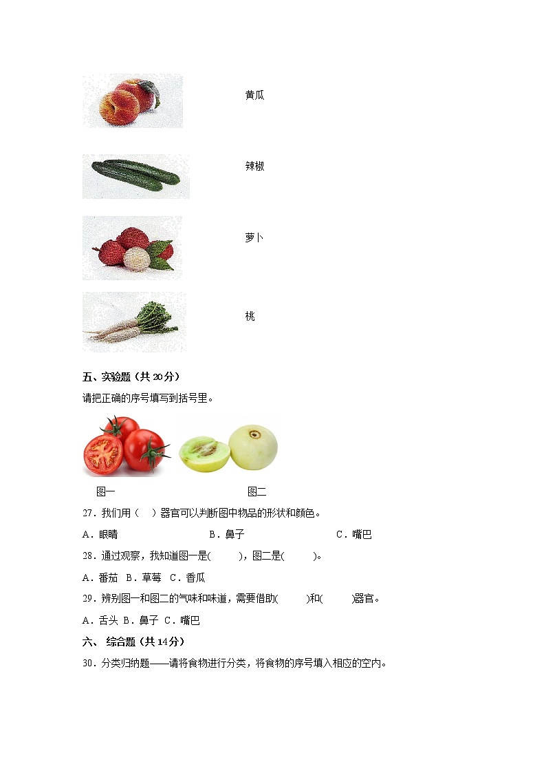 粤教版一年级科学上册期末检测卷(一)有答案第3页