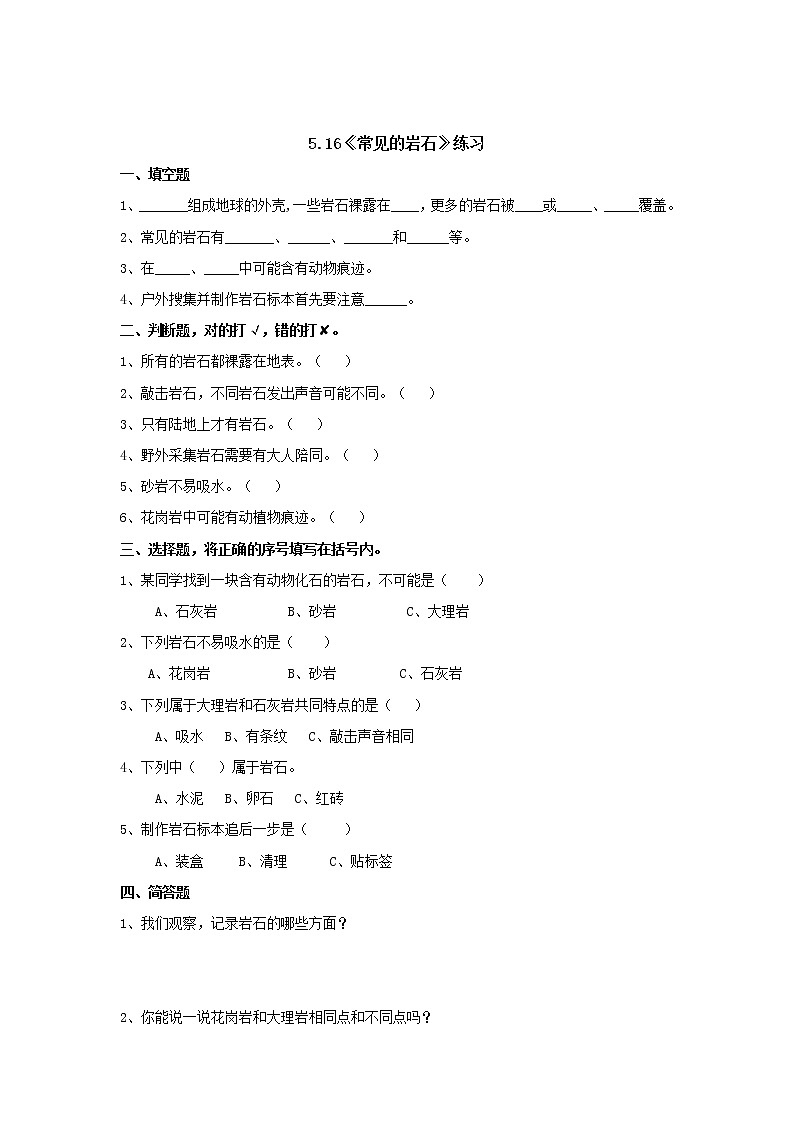 5.16常见的岩石(课时练)苏教版四年级上册第1页