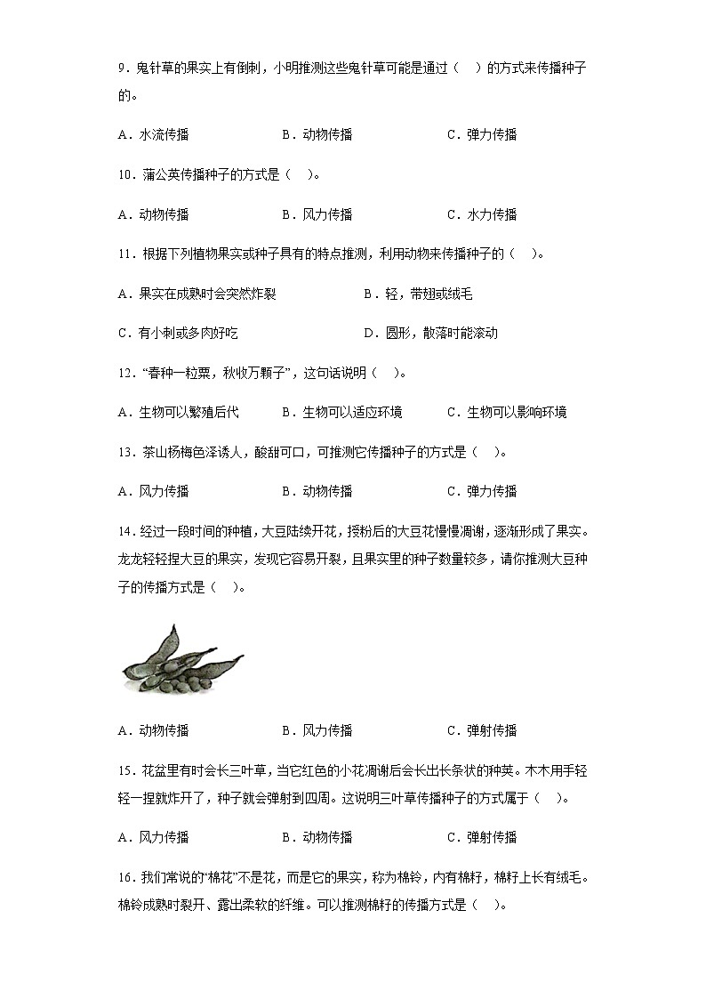 教科版科学四年级下册 1.7 种子的传播 同步练习(含答案)02