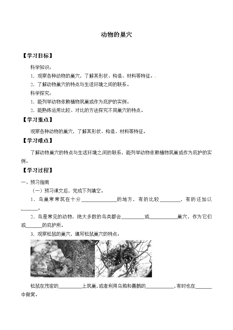粤教版科学四下 12.动物的巢穴 学案(无答案)第1页