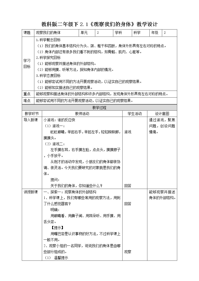 2.1《观察我们的身体》课件+教案+练习+素材01