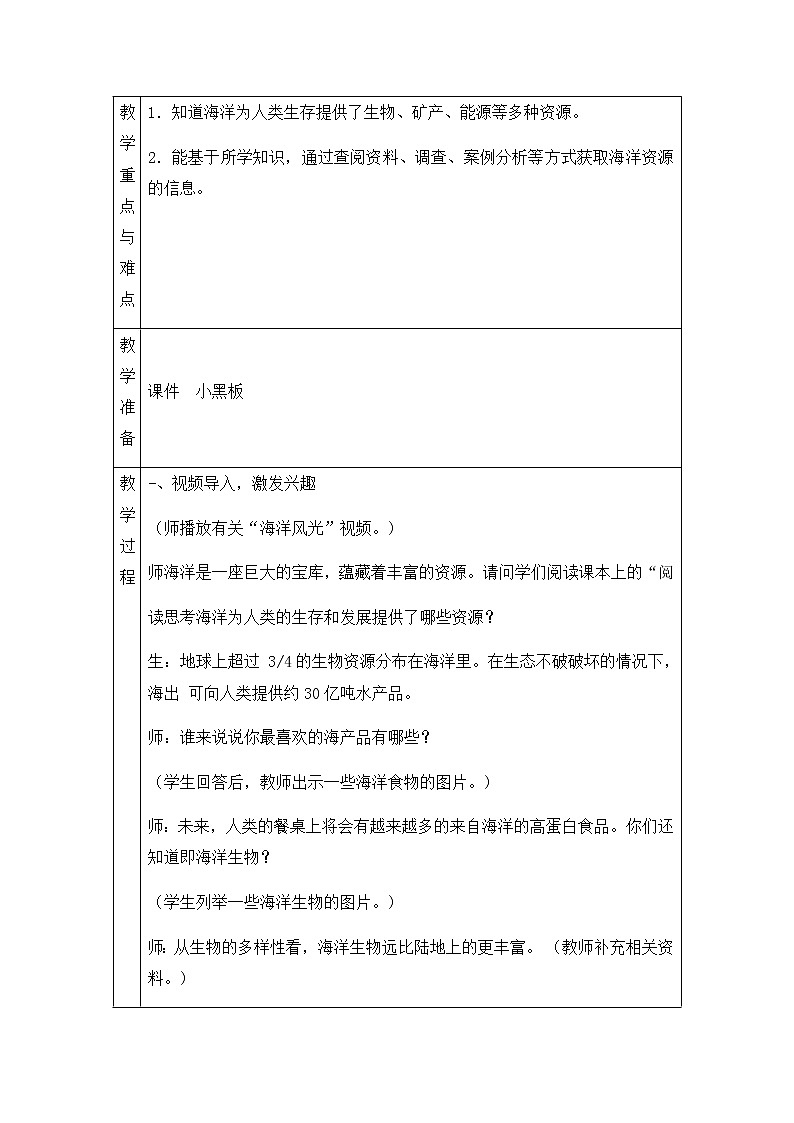 新青岛版六下科学 11.海洋资源 教案02