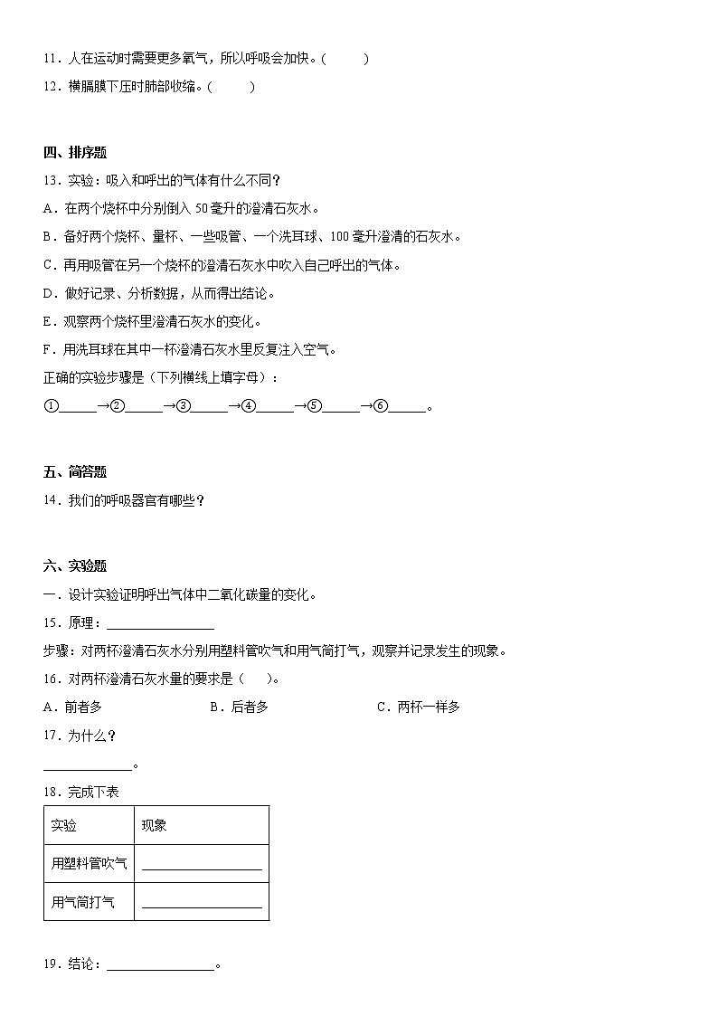 大象版科学四年级上册 第四单元人体的呼吸器官(单元测试B卷+答案)第2页
