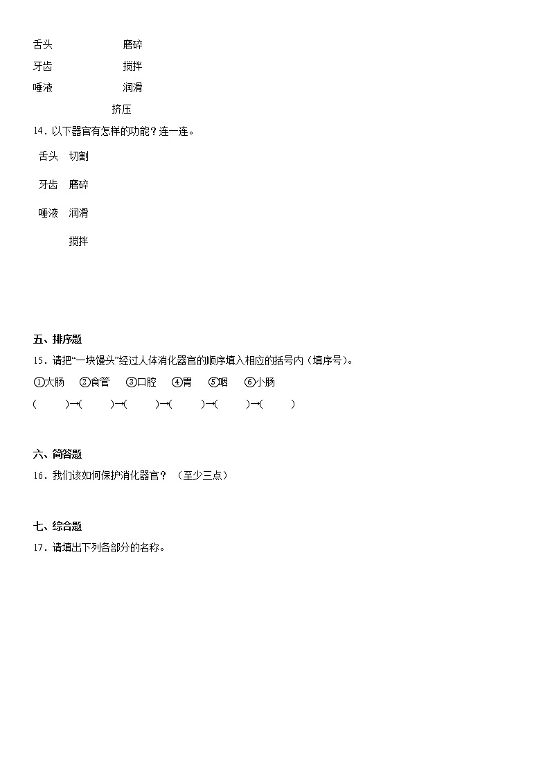 大象版科学四年级上册 第五单元人体的消化器官(单元测试A卷+答案)第2页