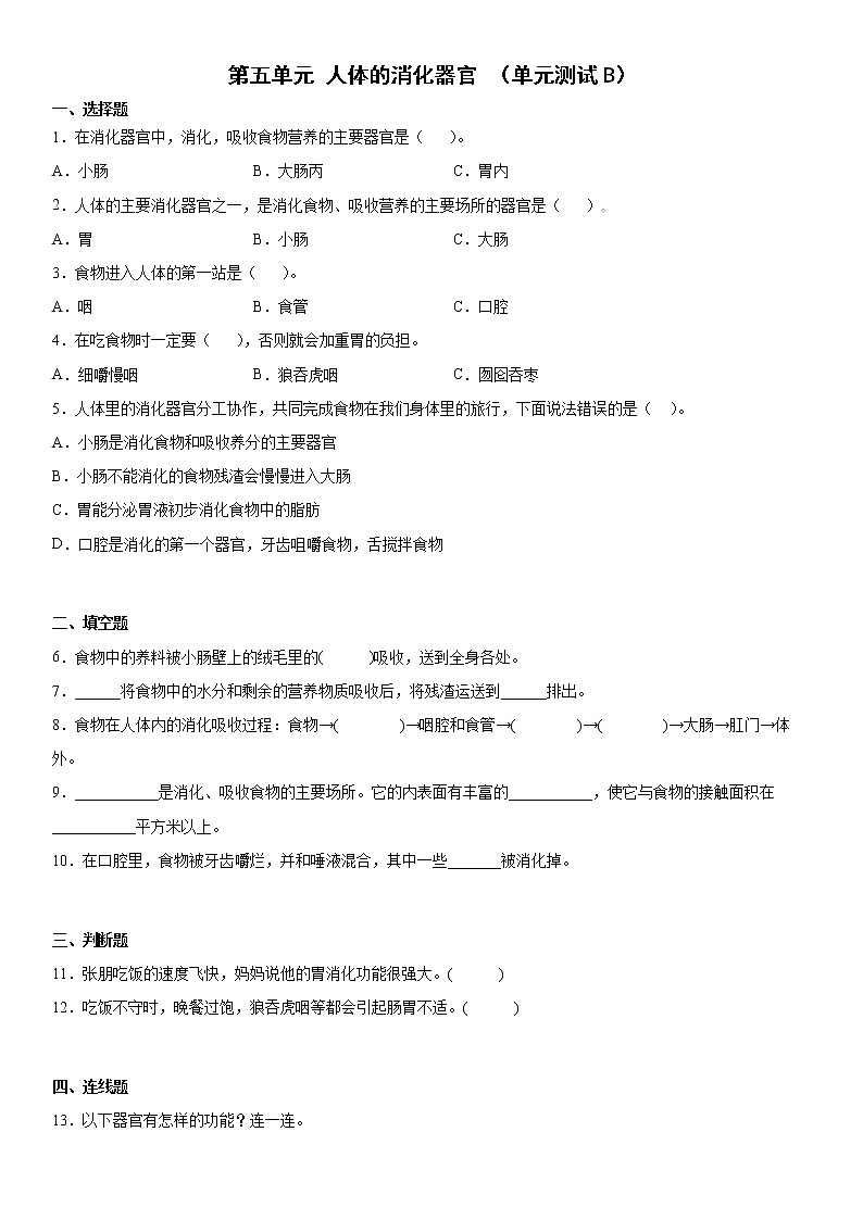 大象版科学四年级上册 第五单元人体的消化器官(单元测试B卷+答案)第1页