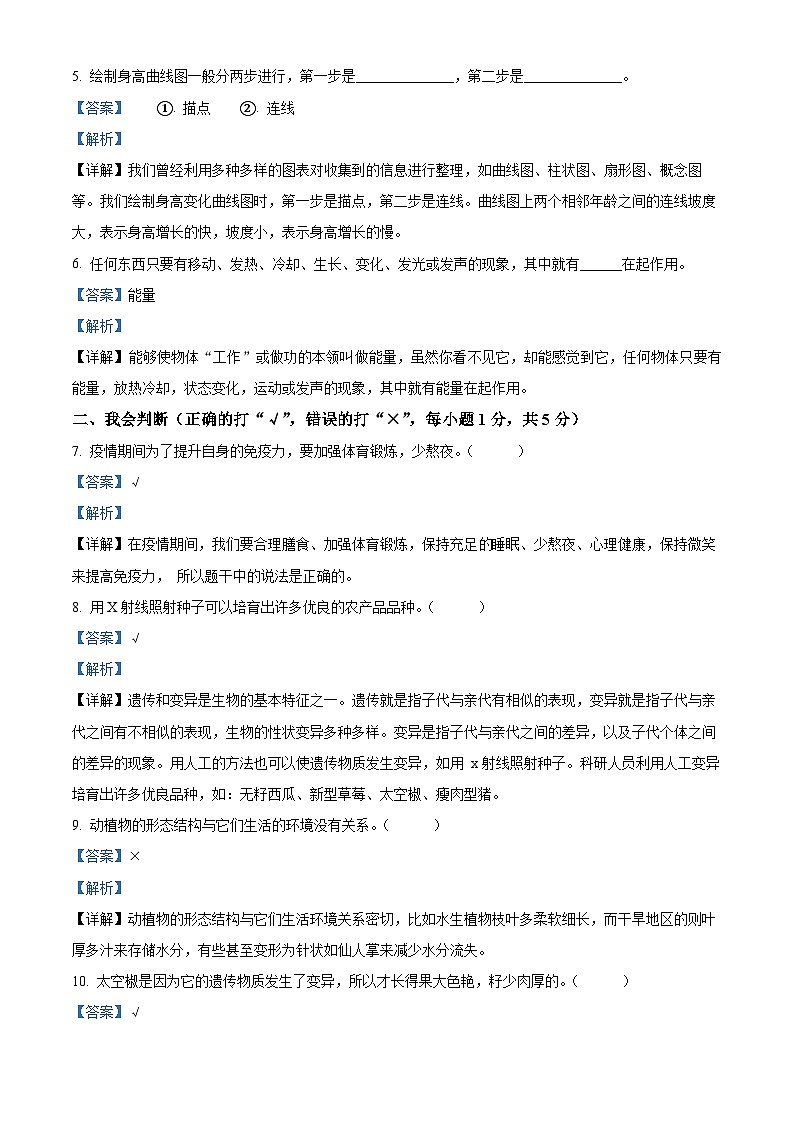 【小升初真题卷】2021-2022学年山西省临汾市古县苏教版六年级下册期末学业质量监测科学试卷(原卷版+解析版)02