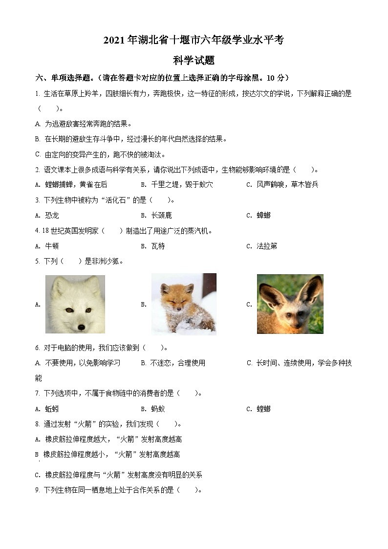 湖北省十堰市郧西县城关镇春桥小学2021年教科版小升初考试科学试卷(原卷版)第1页