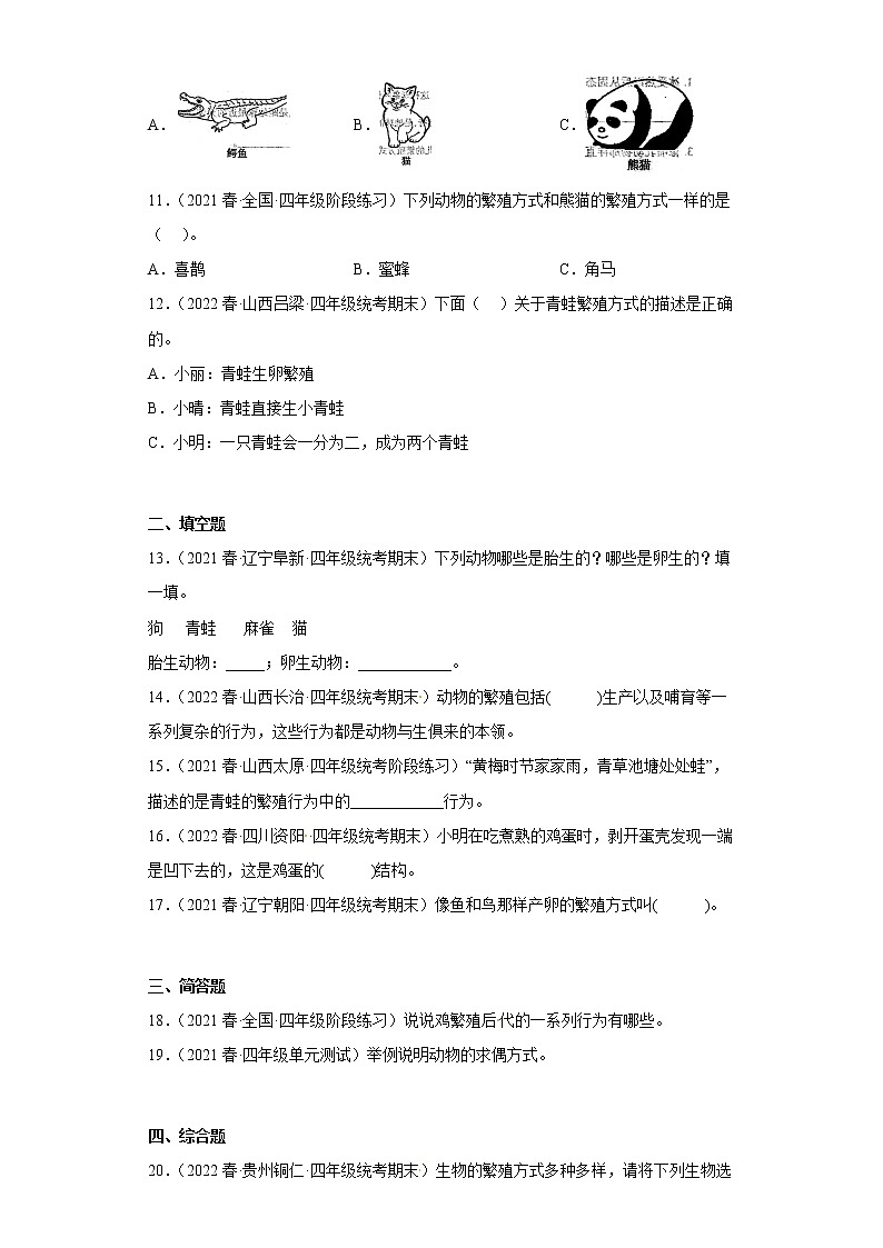 414动物的繁殖 真题练习 小学科学四年级下册 苏教版(2017)02