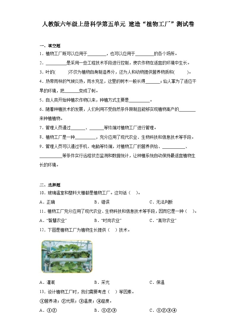 人教鄂教版六年级上册科学第五单元建造“植物工厂”测试卷（含答案）01