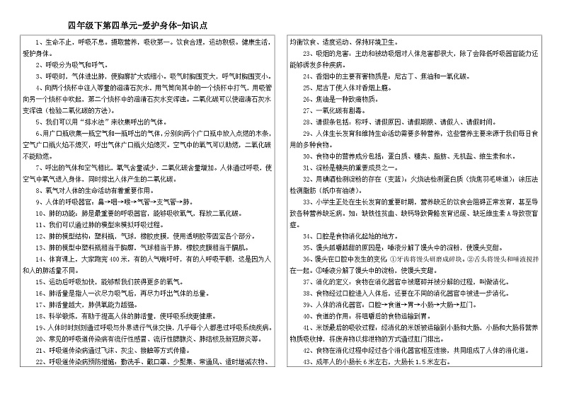 【期末复习】第四单元爱护身体——冀人版四年级下册科学单元知识点总结第1页