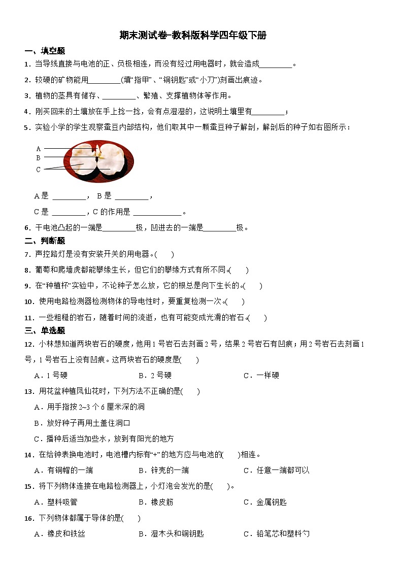 期末测试卷四年级下册科学教科版第1页