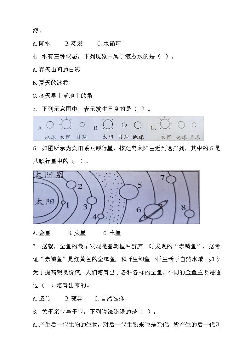 大象版六年级上册科学期末测试1(含答案)第3页