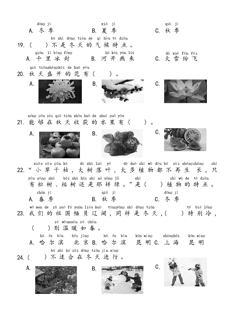冀人版二年级上册 第三单元 秋和冬 单元测试卷(含答案)03